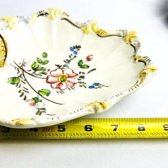 Italian Hand-Painted Vintage Ceramic Dish with Handle - Floral Design, Scalloped - Picture 8 of 10